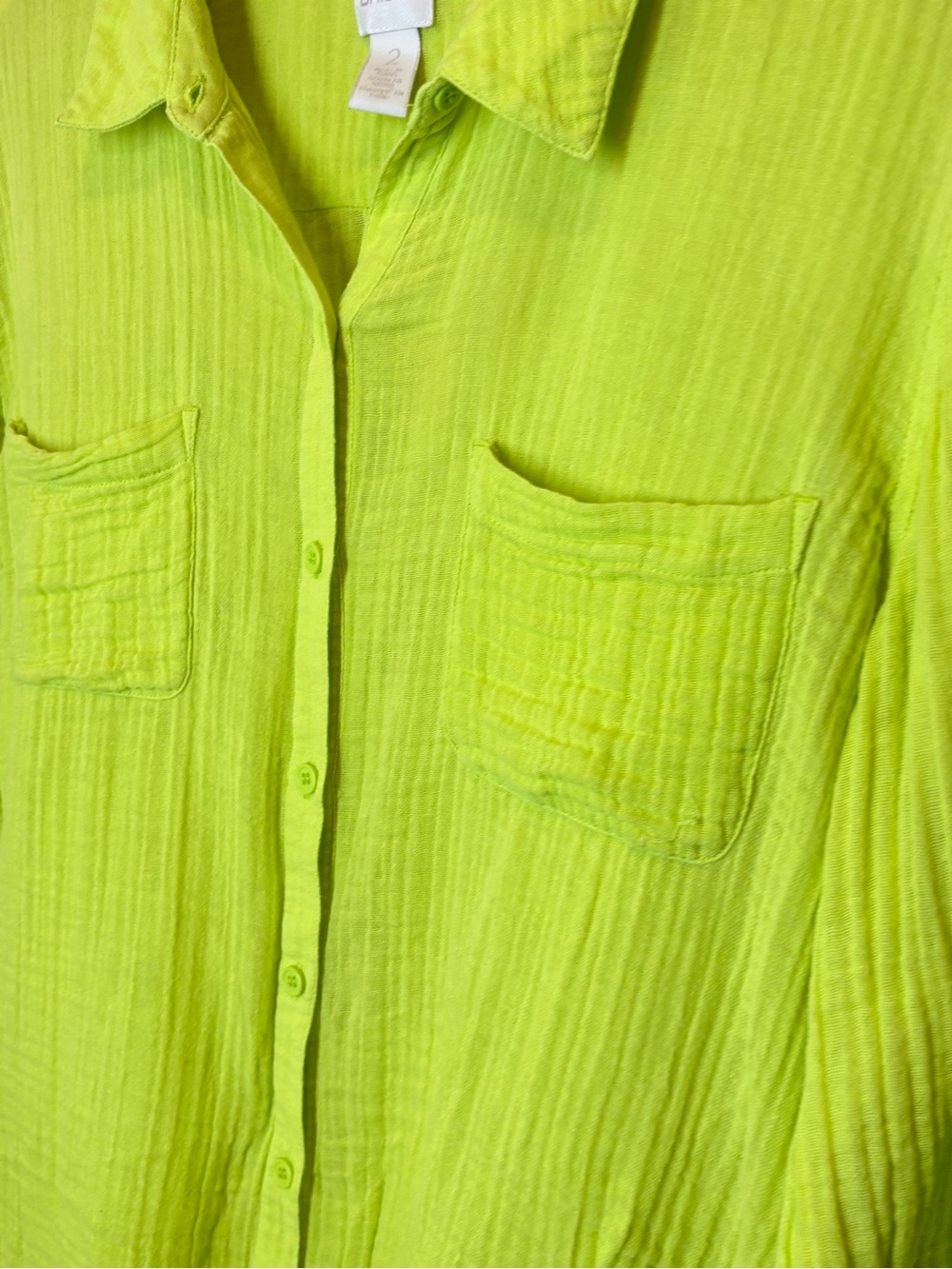 Chico's Neon Lime Button-Front Gauze Cotton Shirt, Large, wrinkle free! - Picture 2 of 5